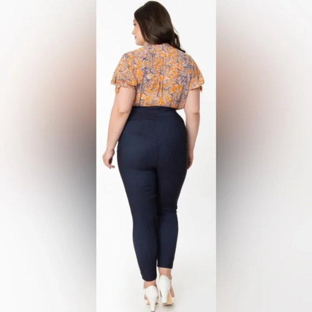 NWT 5X 26 Unique Vintage Dark Blue Denim High Waist Rizzo Cigarette Pants - Picture 2 of 9